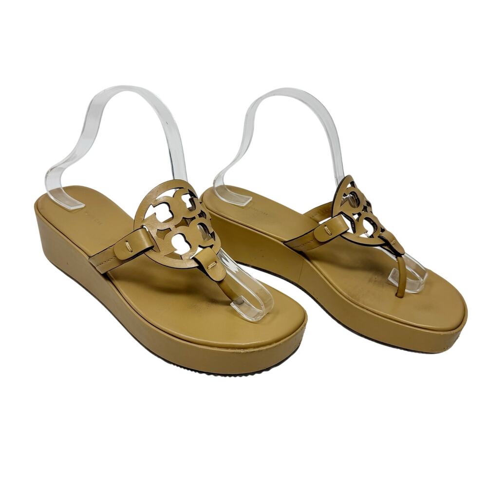 Tory Burch Miller Tan Leather Platform Wedge Sandals Double T Logo Thong Size 9M